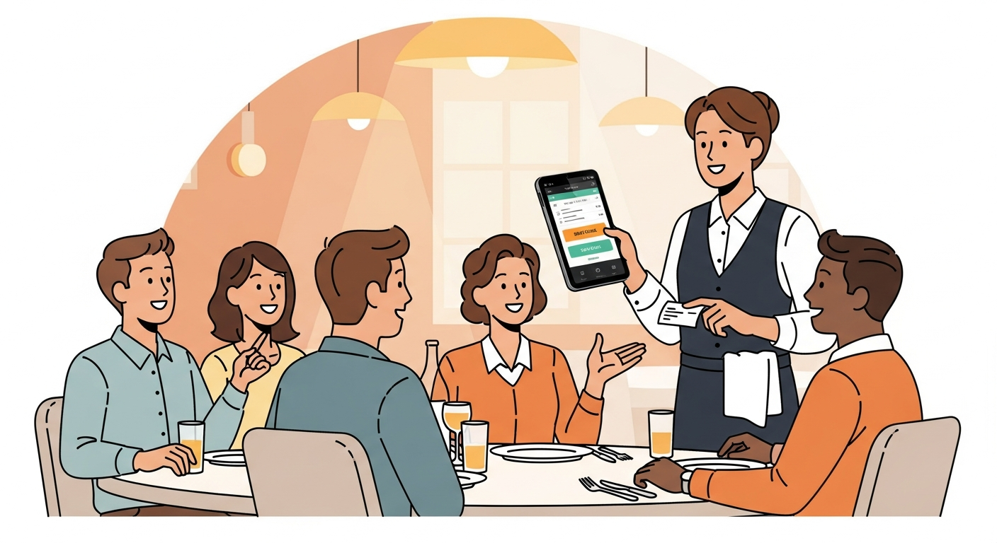 Restaurant server splitting check on POS terminal