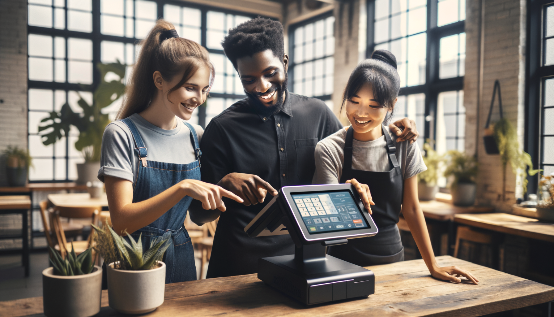 Happy restaurant team with new POS system